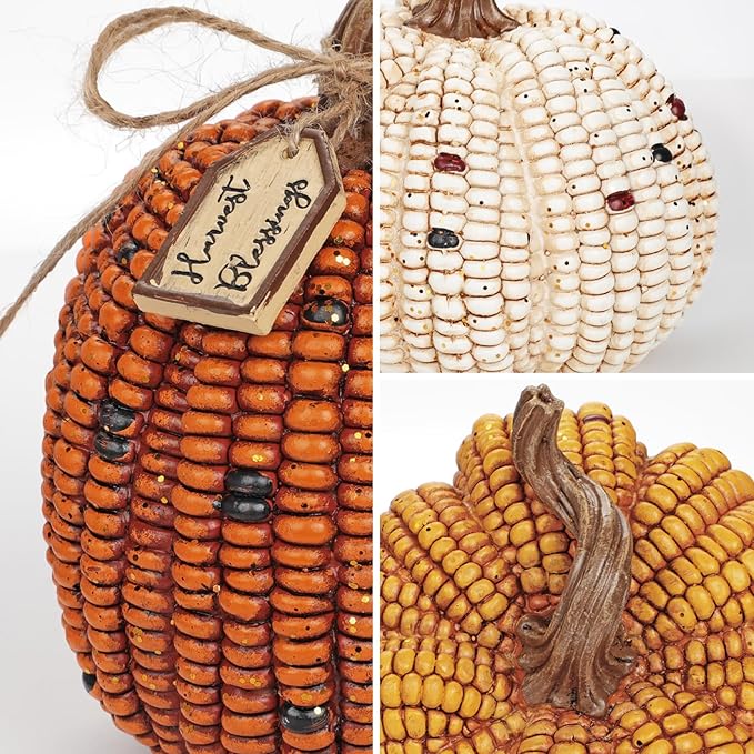 Briful 3PCS Fall Decorative Corn Pumpkin Set – Resin Harvest Pumpkins Fake Corn Pumpkins for Thanksgiving Table Centerpiece Autumn Tiered Tray Indoor Outdoor Fall Decoration