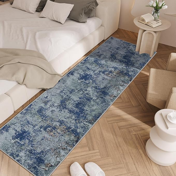 Runner Rug 2'6''x8' Washable Rugs: Machine Washable Hallway Runner Rug with Non Slip Backing Non Shedding Abstract Stain Resistant Carpet for Kitchen Entryway Laundry Bedroom - Blue