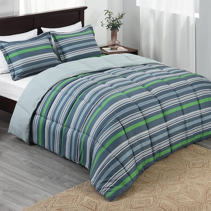 Beyond Basic King Size Comforter Set - Green & Grey Striped, Lightweight Down Alternative Bed Comforter Set (Green/Grey, King)