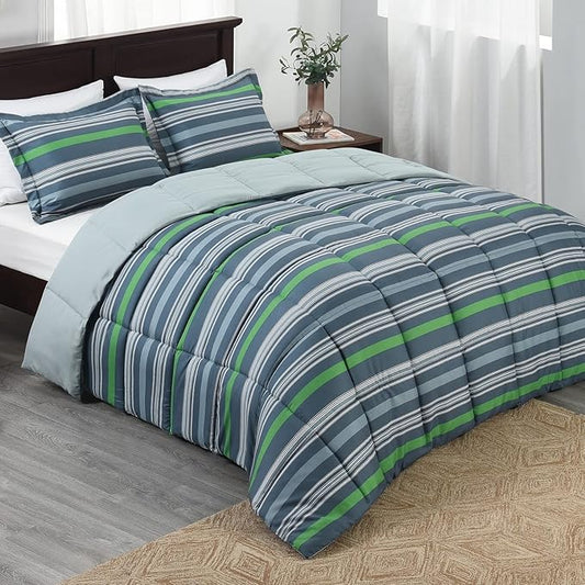 Beyond Basic King Size Comforter Set - Green & Grey Striped, Lightweight Down Alternative Bed Comforter Set (Green/Grey, King)