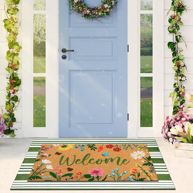 2 Pcs Floral Welcome Doormat Flower Outdoor Welcome Mats for Front Door Non Slip Wildflower Coir Floor Mat Green White Stripe Layering Rug for Outside Front Porch Entryway Decor