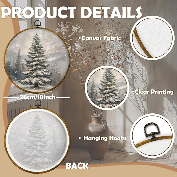 CUANFDDSF Christmas Winter Tree Round Wall Art Decor, Rustic Snowy Forest Pine Tree Landscape Wall Hanging Frame Decor, Cozy Winter Canvas Prints Decorations for Home Bedroom Living Room, 10x10 Inch