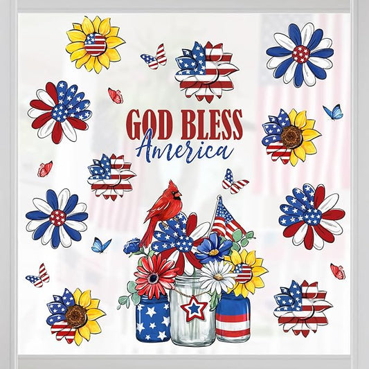 Yovkky Christian 4th of July Flower Window Clings 4 Sheets, Patriotic Religious God Bless America Sunflower Daisy Cardinal Stickers Decals Decor, American USA Mason Jar Home Kitchen Decorations