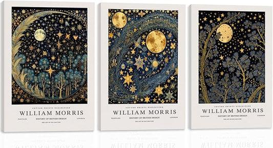 WRFON William Morris Canvas Wall Art, Vintage Gold Moon Wall Decor, Dreamlike Stars Poster Prints, Retro Botanical Aesthetic Pictures for Bedroom Living Room Office Framed Ready to Hang 12"x16"x3