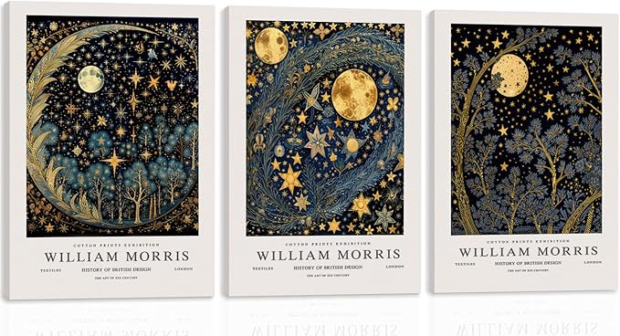 WRFON William Morris Canvas Wall Art, Vintage Gold Moon Wall Decor, Dreamlike Stars Poster Prints, Retro Botanical Aesthetic Pictures for Bedroom Living Room Office Framed Ready to Hang 16"x24"x3