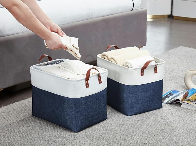 DECOMOMO Fabric Storage Basket Large Closet Storage Bins for Toys Nursery & Laundry Storage (Navy Blue & White, XXL - 3 Pack)
