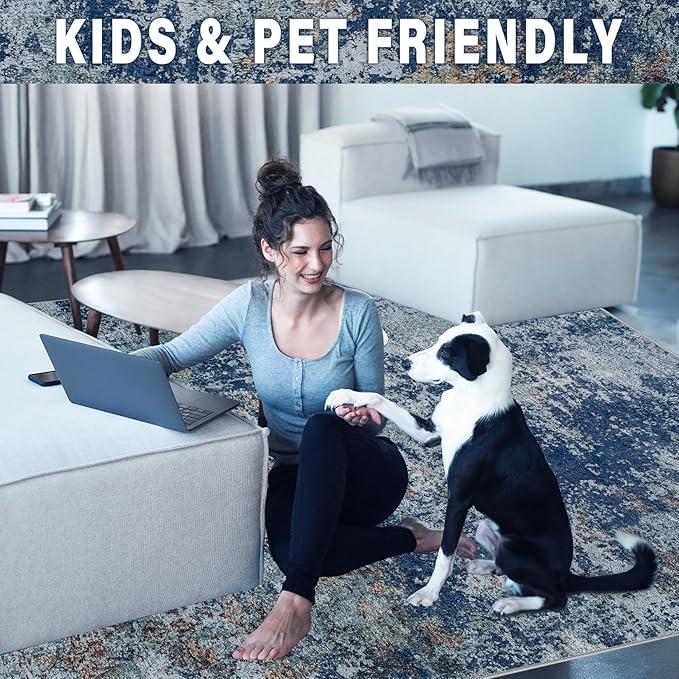 8x10 Area Rugs for Living Room: Large Machine Washable Area Rug with Non Slip Backing Non Shedding Abstract Stain Resistant Carpet for Bedroom Dining Room Nursery Home Office - Blue