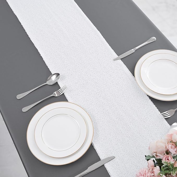 2 Packs 12 x 108 inches White Sequin Table Runner, Glitter White Table Runner for Wedding Birthday Bachelorette Holiday Party Supplies Decorations Bridal Shower Baby Shower