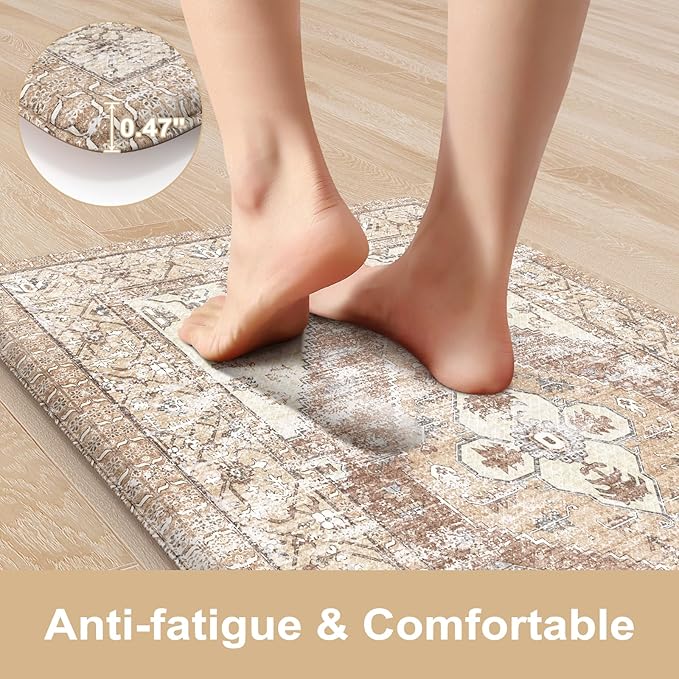 KIMODE Anti Fatigue Kitchen Mat, Farmhouse Kitchen Rugs Sets of 2, Non-Slip Waterproof Kitchen Floor Mats, Ergonomic Cushioned Standing Mat for Sink, Laundry, Desk Khaki 20"x47"+20"x32"