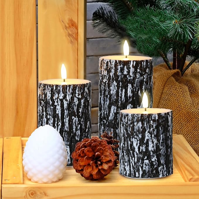 Eywamage Black Pine Bark Flameless LED Candles with Remote, Farmhouse Flickering Wood Pillar Candles Set of 3