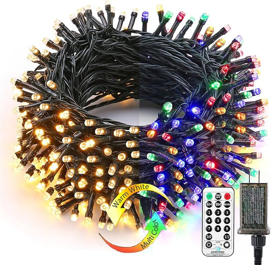 Brizled Christmas Lights Outdoor, 500 LED Color Changing Christmas String Lights with Remote, 180.4ft 11 Modes Christmas Tree Lights Warm White & Multicolor Green Wire Xmas Lights for Xmas Party Home
