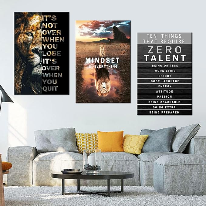 Motivational Canvas Wall Art Lion Inspirational Quote Wall Decor Zero Talent Poster Animal Picture Print Painting Modern Inspiring 3 Panels Artwork for Living Room Office Home Decor [72''Wx 36''H]