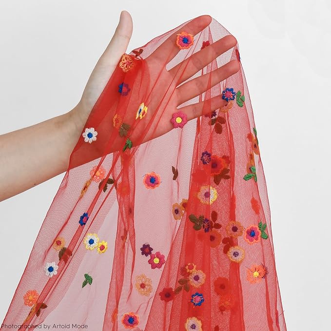 Artoid Mode Red Embroidery Daisy Gauze Table Runner 120 Inch 10FT, Seasonal Sheer Kitchen Dining Holiday Wedding Birthday Table Decor for Home Party