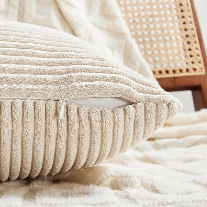 Fancy Homi 4 Packs Tan Lumbar Decorative Throw Pillow Covers 12x20 Inch for Living Room Couch Bed Sofa, Boho Home Decor, Soft Striped Corduroy Rectangle Accent Beige Cushion Case 30x50 cm