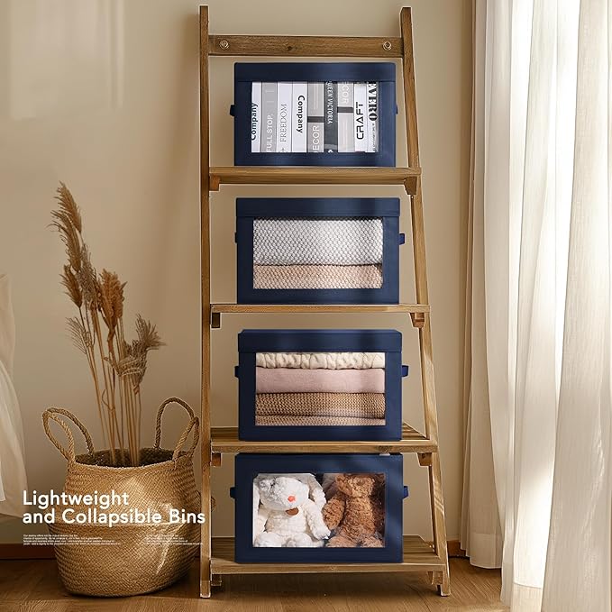 Organizing Bins with Lid - 4 Pack Foldable Clear Window Storage Bins, Large Storage Boxes with Handles, Storage Containers for Clothes, Towel, Blanket, Sheet, Navy Blue