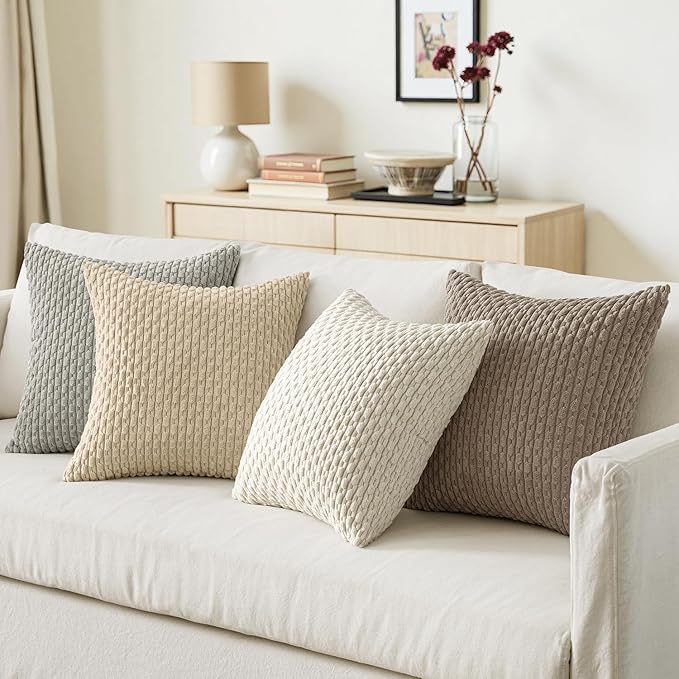 MIULEE Throw Pillow Covers Soft Couch Decorative Set of 4 Boho Striped Cushion Corduroy Pillowcases Farmhouse Rustic Mid Modern Home Decor for Couch Bed Sofa Living Room 18x18 Inch Neutral Harmony