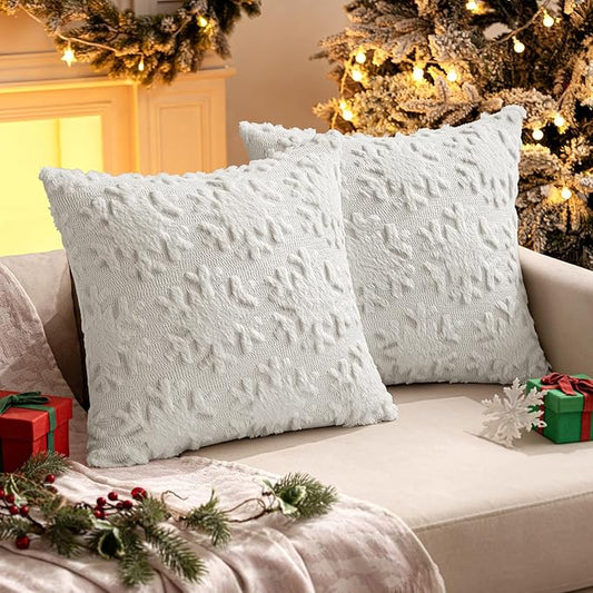 MIULEE Christmas Snowflake Decorative Throw Pillow Covers Set of 2,Soft Fluffy Faux Wool Winter Holiday Couch Pillows for Farmhouse Boho Home Decor Sofa Bed Porch Living Room 20x20 Inch Pure White