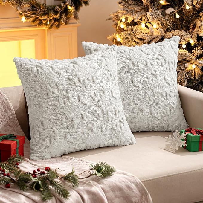 MIULEE Christmas Snowflake Decorative Throw Pillow Covers Set of 2,Soft Fluffy Faux Wool Winter Holiday Couch Pillows for Farmhouse Boho Home Decor Sofa Bed Porch Living Room 18x18 Inch Pure White