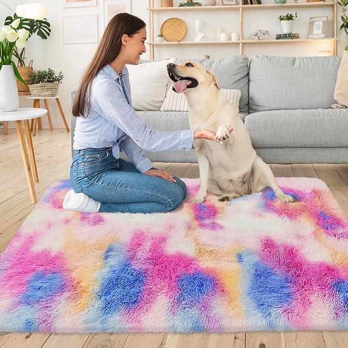 Small Fluffy Colorful Rug for Bedroom Girls 3x5 Kawaii Rainbow Tie Dye Area Rug Fuzzy Unicorn Throw Rug for Living Room Kids Nursery Baby Princess Room Living Room Home Decor Aesthetic Carpets