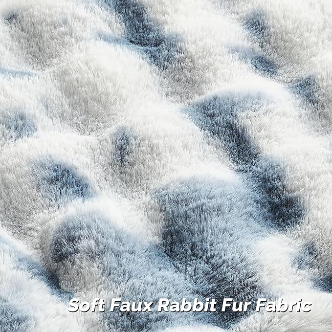 FUTEI Blue White Decorative Throw Pillow Covers 26x26 Inch Set of 2,Soft Fuzzy Faux Rabbit Fur Euro Pillow Shams with Raised Texture,Neutral Boho Home Decor for Couch Bed Living Room