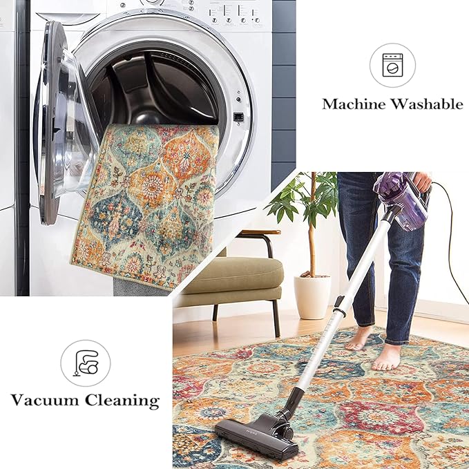 Lahome Moroccan Trellis Washable Round Area Rug, Soft Round Rugs 6ft Ultra-Thin Non-Slip, Vintage Large Circle Carpet for Bedroom Living Room Kitchen Nursery, Cream/Multi