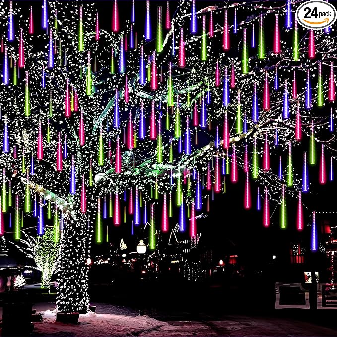 Aukora Christmas Lights Outdoor, 24 Tubes 576 LEDs Meteor Shower Light, Icicle Snow Falling Rain Lights for Xmas Tree Christmas Decorations Wedding Party Holiday Garden Decor, UL Plug (Multicolor)