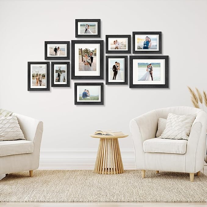 Picture Frames Set of 10 Balck, Bulk MDF Frames for 8x10, 5x7, 4x6 Photos Real Glass for Wall or Tabletop