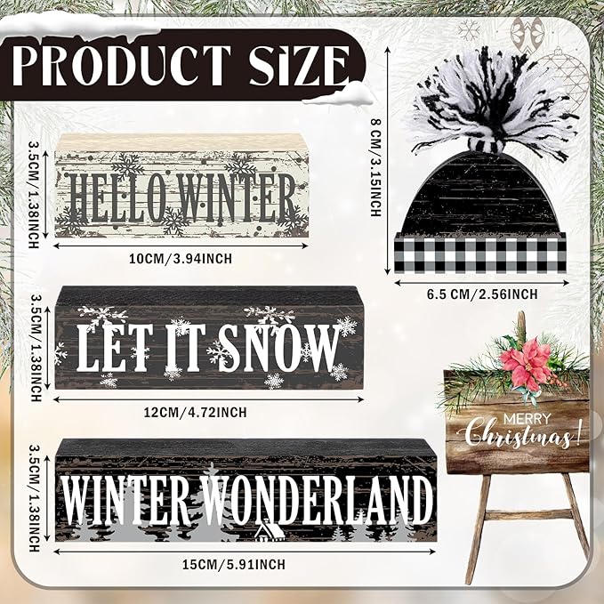 Geelin 4 Pcs Hello Winter Wooden Farmhouse Decor Let It Snow Wooden Centerpiece for Tiered Trays Rustic Kitchen Shelf Table Decor Winter Wonderland Party Home Decoration
