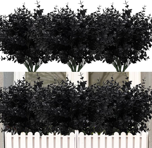 RECUTMS 12 Bundles Artificial Flowers Outdoor UV Resistant Outdoors Fake Plants Faux Plastic Flower for Hanging Planters Outside Porch Vase Home Window Decoration,Spring Decorations(Black Eucalyptus)