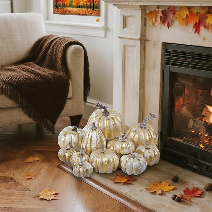 winemana 12 Pcs Thanksgiving Pumpkin Decorations, Assorted Sizes Artificial Foam Golden Pumpkins Fall Autumn Decor for Harvest Table Home Indoor Outdoor