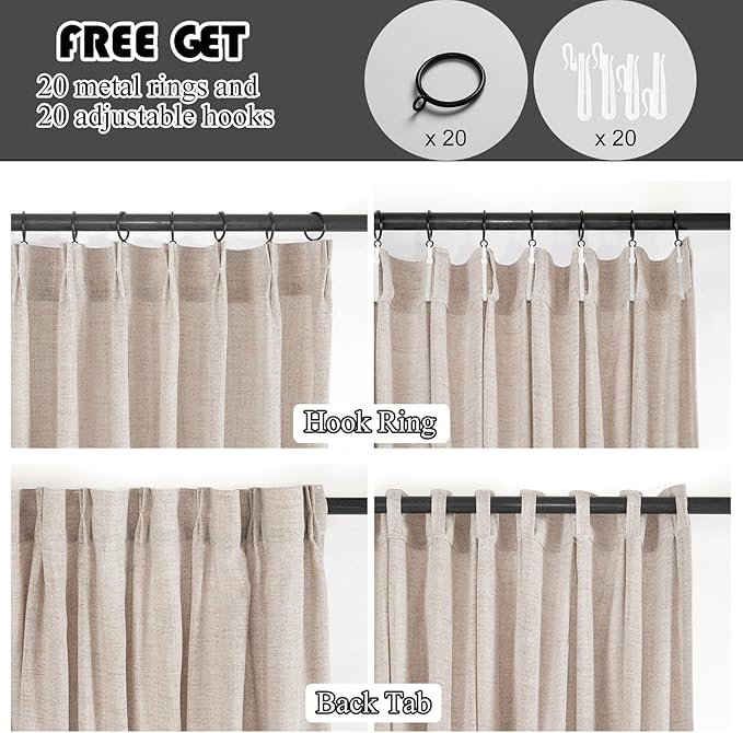 Dark Oatmeal Thick Linen Semi Sheer Pinch Pleated Curtains 84 Inches Long, 50 Inches Width, Farmhouse Light Filtering Drapes Set of 2, Window Curtain with Hooks