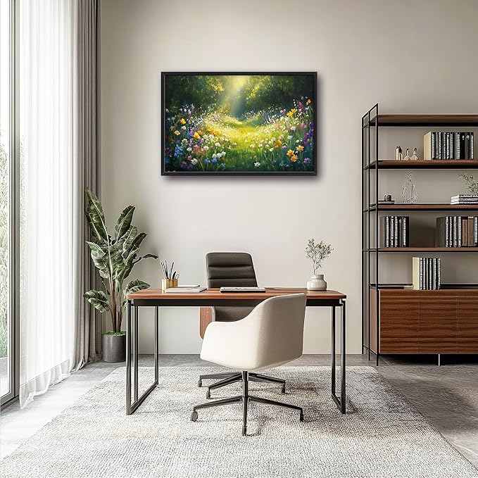 Green Forest Wall Art for Living Room, Large Green Canvas Wall Decor, Wildflowers Flowers Pictures Framed Painting, Landscape Artwork for Bedroom Office Home Decor 36L'' × 24W''