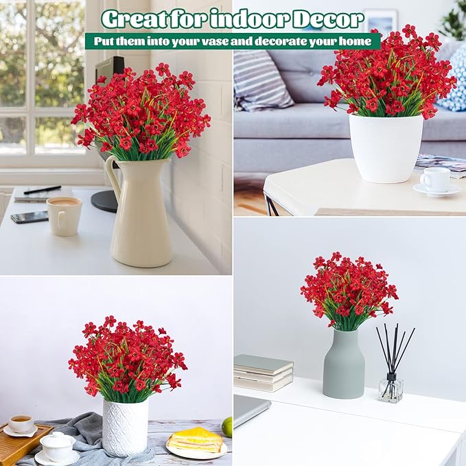 Lnoicy 12 Pcs Artificial Flowers for Outdoor,Plastic Flowers Decoration, UV Resistant Faux Flowers Shrubs, Artificial Plants for Indoor Outside Garden Home Wedding Farmhouse（Red）