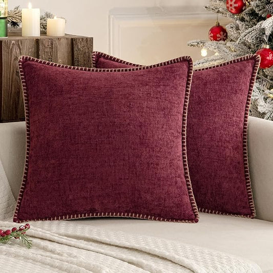 MIULEE Pack of 2 Christmas Pillow Covers 18x18 Inch Burgundy Red Farmhouse Decorative Throw Pillow Covers with Stitched Edge Soft Chenille Solid Dyed Couch Pillow Covers for Sofa Bed Living Room