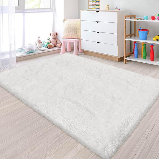 Small Area Rug for Bedroom 3x5ft Mini White Fluffy Rug Mat Bedside Throw Rug for Kids Room Boys Teens Nursery Baby Dorm Living Room Home Decor Aesthetic Carpets