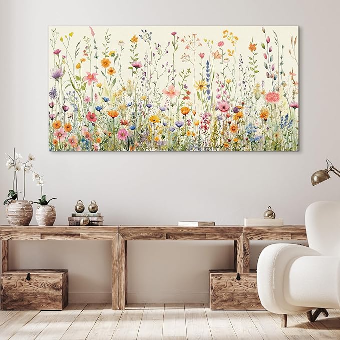 HPINUB Colorful Flower Framed Canvas Wall Art Set, Watercolor Daisy Floral Wall Decor, Wildflower Green Leaf Wall Painting, Multicolour Botanical Art Print for Living Room, Bedroom, Office - 20"x40"