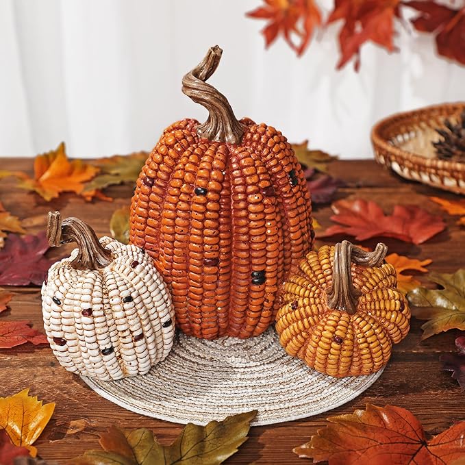 Briful Fall Decorative Corn Pumpkin Set – 3-in-1 Resin Pumpkins Harvest Décor Fake Corn Pumpkins Centerpiece for Thanksgiving Table Tiered Tray Outdoor Autumn Decorations