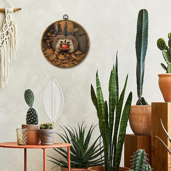 Mcehtle Vintage Fall Hedgehog Wall Art Decor,Rustic Autumn Cottagecore Forest Framed Canvas Prints 10x10, Animal Wildlife Maple Leaves Round Wall Hanging Artwork Decorations for Home Bedroom Gallery