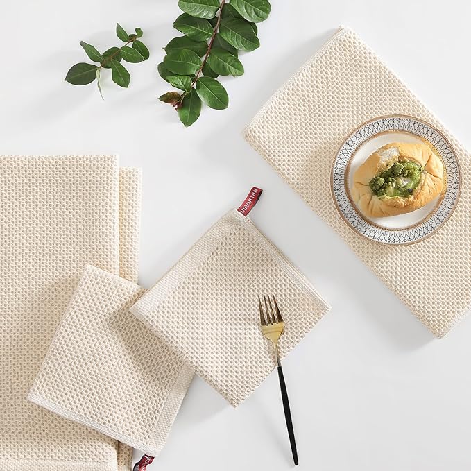 Homaxy 100% Cotton Kitchen Towels and Dishcloths Set, 12 x 12 Inches and 13 x 28 Inches, Set of 12 Bulk Kitchen Towels Set, Ultra Soft Absorbent Dish Cloths for Washing Dishes, Beige