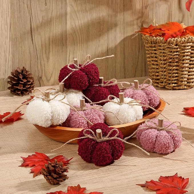 Fake Fall Pumpkin Decorations for Home, 9 Pcs Artificial Mini Fabric Pumpkins Autumn Decor, Fake Pumpkins for decorating, Fall Table Centerpiece Harvest Decor, Halloween, Thanksgiving, Burgundy & Pink