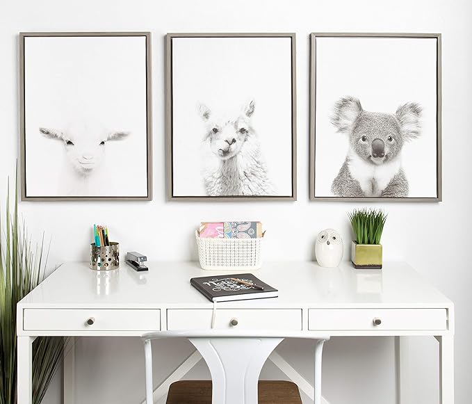 Kate and Laurel Sylvie Koala Black and White Portrait Framed Canvas Wall Art by Simon Te Tai, 18x24 Gray