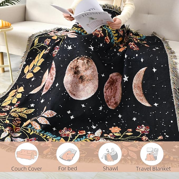 Boho Throw Blanket Reversible Cotton Bohemian Tapestry Hippie Room Decor Double Sided (Lunar Eclipse Black 50"x60")