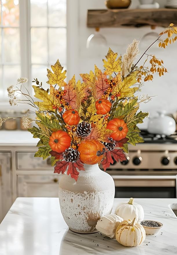 Artificial Fall Branches Table Centerpieces, Fake Pumpkins Pinecones Maple Leaves with Berries, 23.6" Fall Stems for Vase Falls Floral Stems Autumn Décor Farmhouse Kitchen Table Decorations 2 Pcs