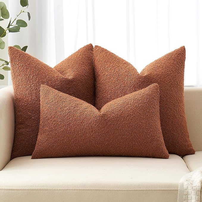 MIULEE Fall 20x20 Inch Decorative Pillow Covers for Couch Bed Set of 2 Textured Boucle Neutral Throw Pillows Rust Accent Solid Cushion Pillowcase Cozy Soft Sofa Livingroom Home Decor