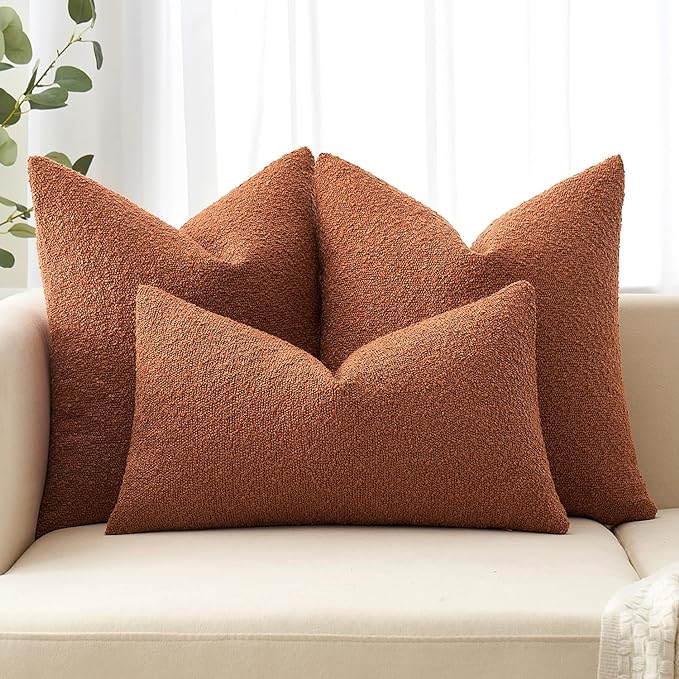MIULEE Fall 18x18 Inch Decorative Pillow Covers for Couch Bed Set of 2 Textured Boucle Neutral Throw Pillows Rust Accent Solid Cushion Pillowcase Cozy Soft Sofa Livingroom Home Decor