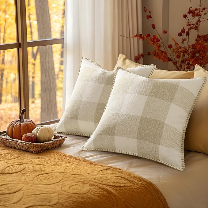 decorUhome Christmas Buffalo Plaid Check Throw Pillow Covers 20x20 Set of 2, Outdoor Linen Decorative Farmhouse Gingham Pillow Covers with Stitched Edge for Bed Couch Sofa, Cream White and Beige