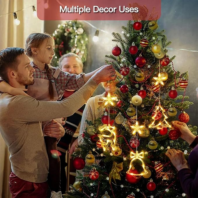 suddus Christmas Window Lights Decorations, 3Pcs Tree-Jingle Bell-Deer Shaped Xmas Lights Battery Powered with Suction Cups & Timer, Hanging String Lights Indoor for Tree, Fireplace, Warm White