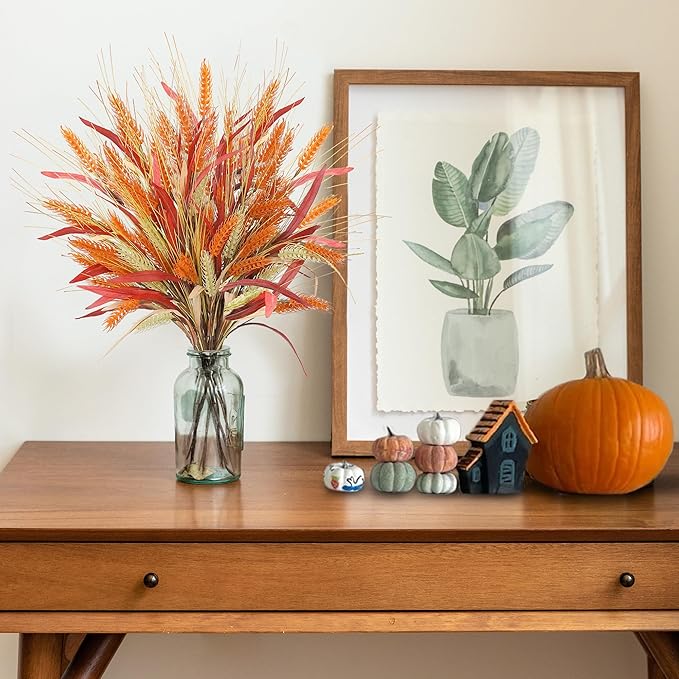 Sggvecsy Artificial Fall Flowers 6 Pcs 17.5 inch Floral Arrangement Fake Floral Stems Autumn Leaves Branches Fall Plastic Bouquets with Grain for Thanksgiving Home Table Centerpieces Wedding Decor