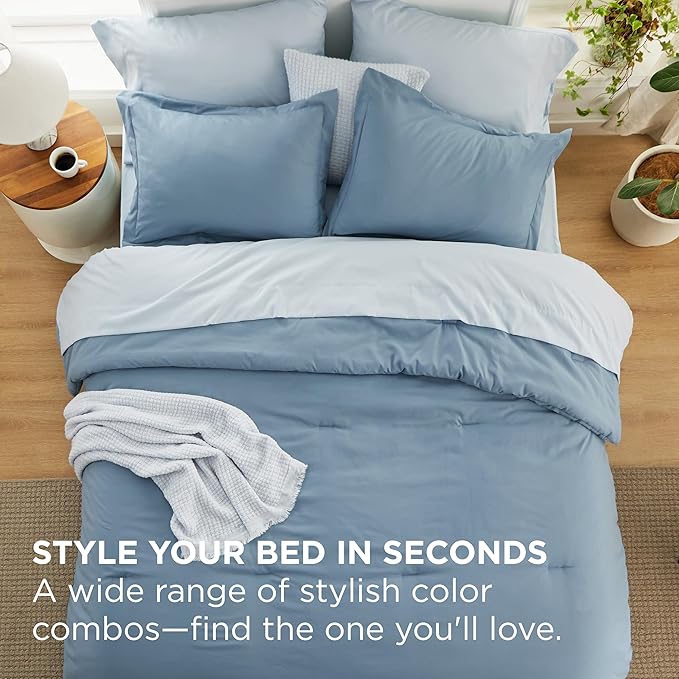 Bedsure Queen Comforter Set - 7 Pieces Grayish Blue Queen Bedding Set for All Seasons, Boho Contrasting Design Bed in a Bag with Comforter, Sheets, Pillowcases & Shams