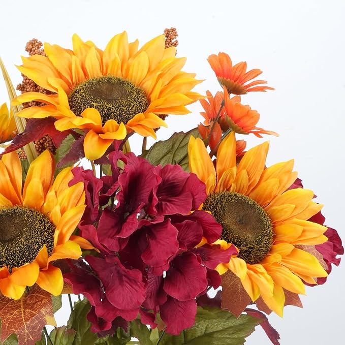 HUAESIN Artificial Fall Flowers for Decoration Fake Sunflowers with Hydrangea Foam Berries Fall Floral Arrangements for Home Table Kitchen Bedroom Farmhouse Thanksgiving Decorations